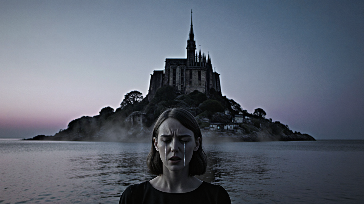 Emma Stone standing with tears against a looming black-and-white island structure at dusk.