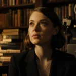 Emma Stone sits in library with vintage film reels and golden lamplight behind her