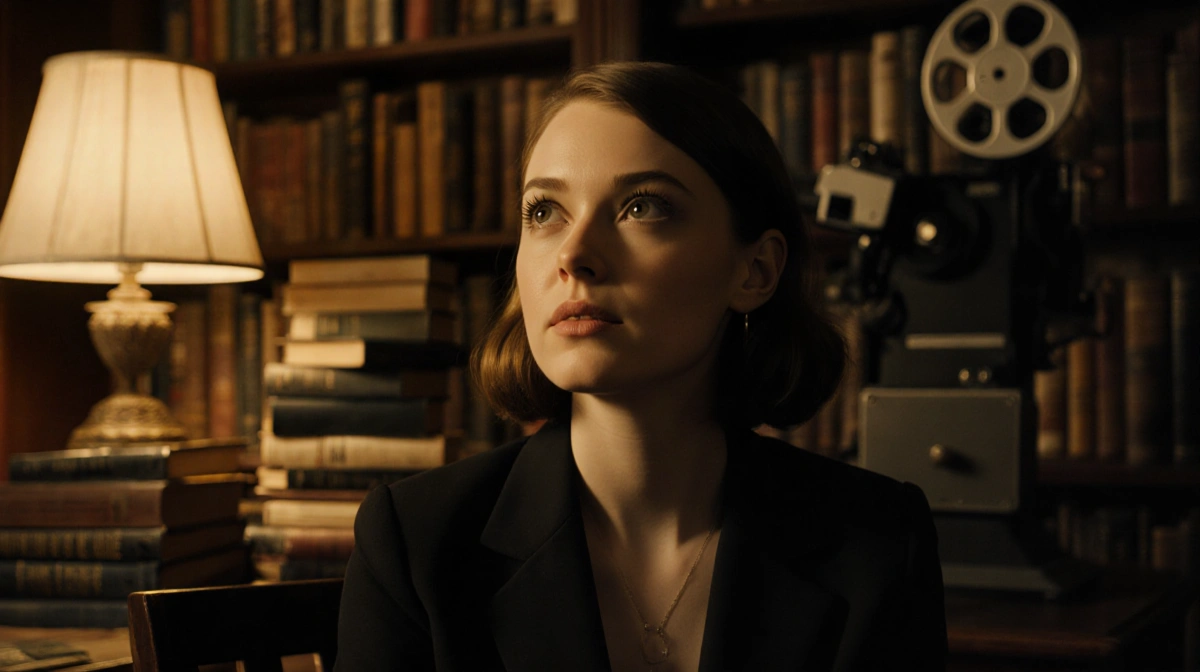 Emma Stone sits in library with vintage film reels and golden lamplight behind her