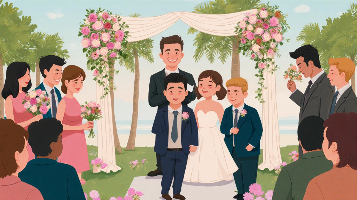 Emotional wedding ceremony with couple exchanging vows and guests watching with joy