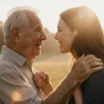 Middle-aged man embracing younger woman with tears and warm golden light showing emotional reunion