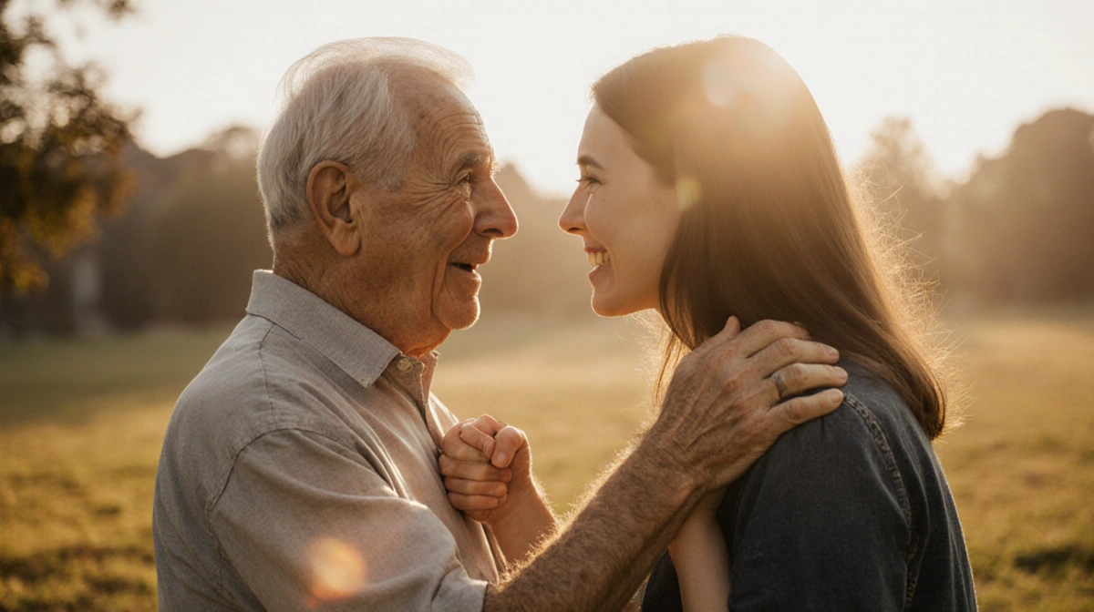 Middle-aged man embracing younger woman with tears and warm golden light showing emotional reunion