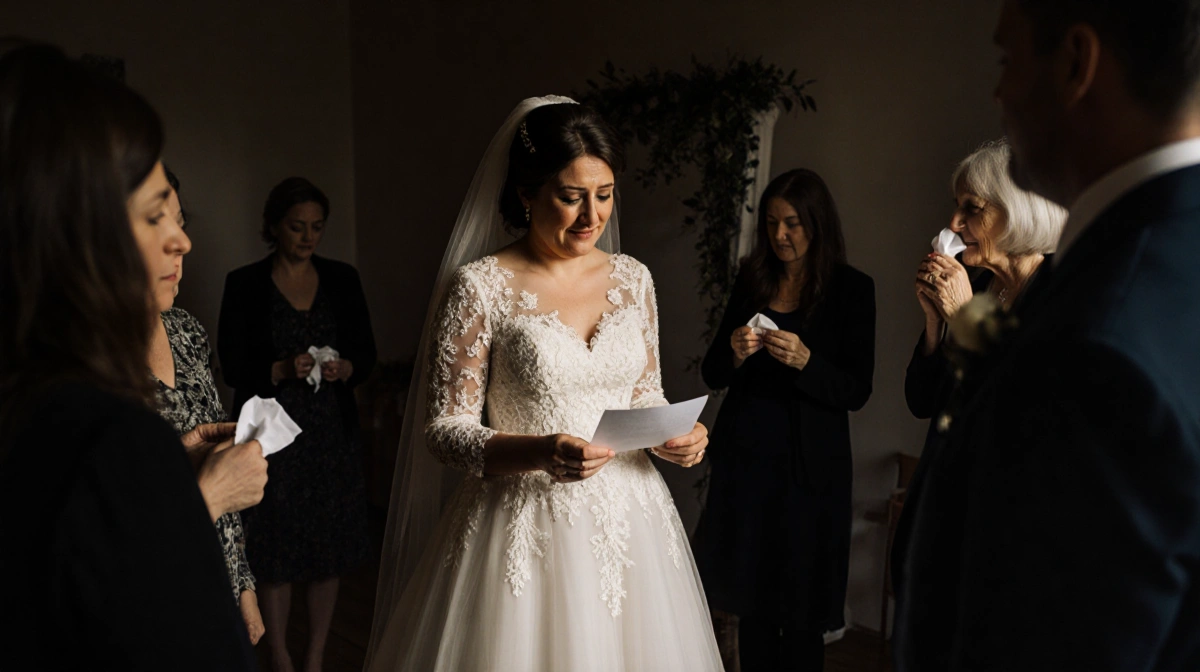 Robin crying while reading letter in vintage wedding dress with guests holding tissues and ceremony setup behind