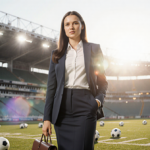 Confident woman standing with briefcase in front of blurred football stadium and sports gear and exuding empowerment.