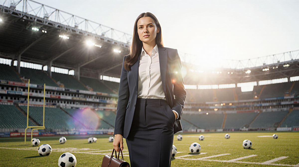 Confident woman standing with briefcase in front of blurred football stadium and sports gear and exuding empowerment.