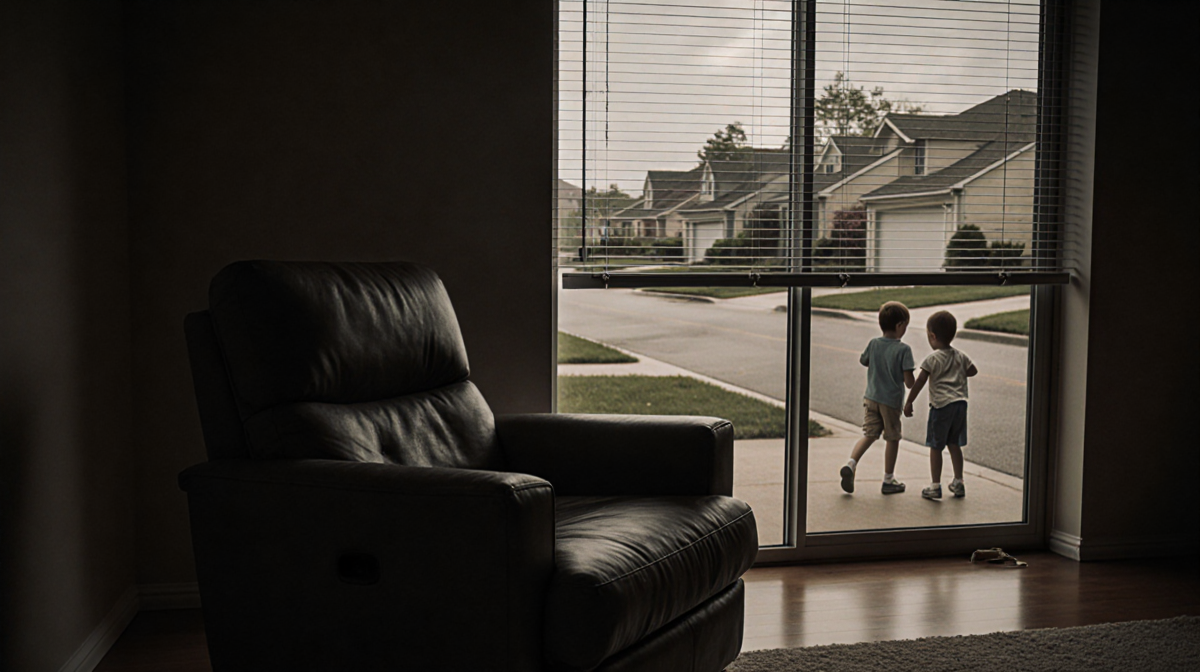 Empty armchair sits in a dim living room with blinds open and a distant blurred street outside and hinting at lost innocence.