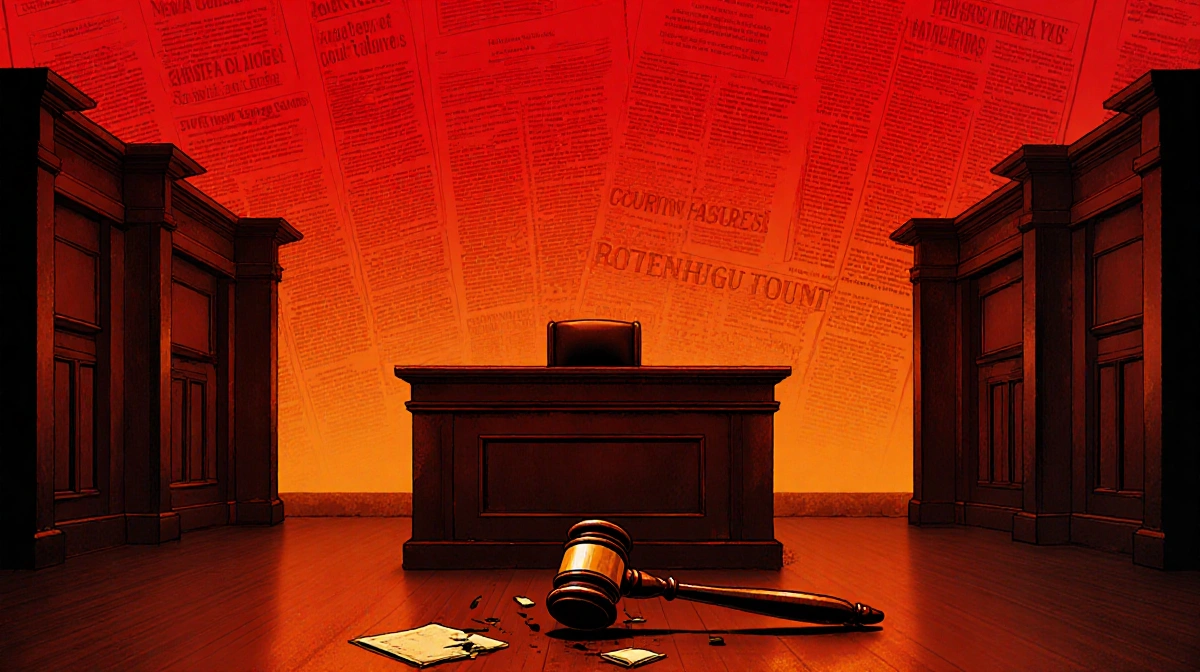Empty courtroom stands abandoned with broken gavel on judge's bench and red warning tones showing legal system failure