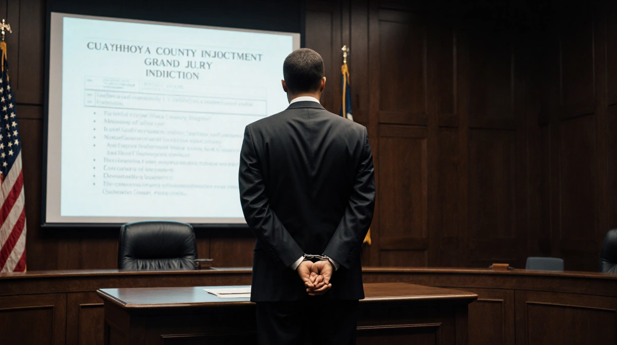 Handcuffed defendant stands before judge's bench with Cuyahoga County grand jury indictment displayed on courtroom screen