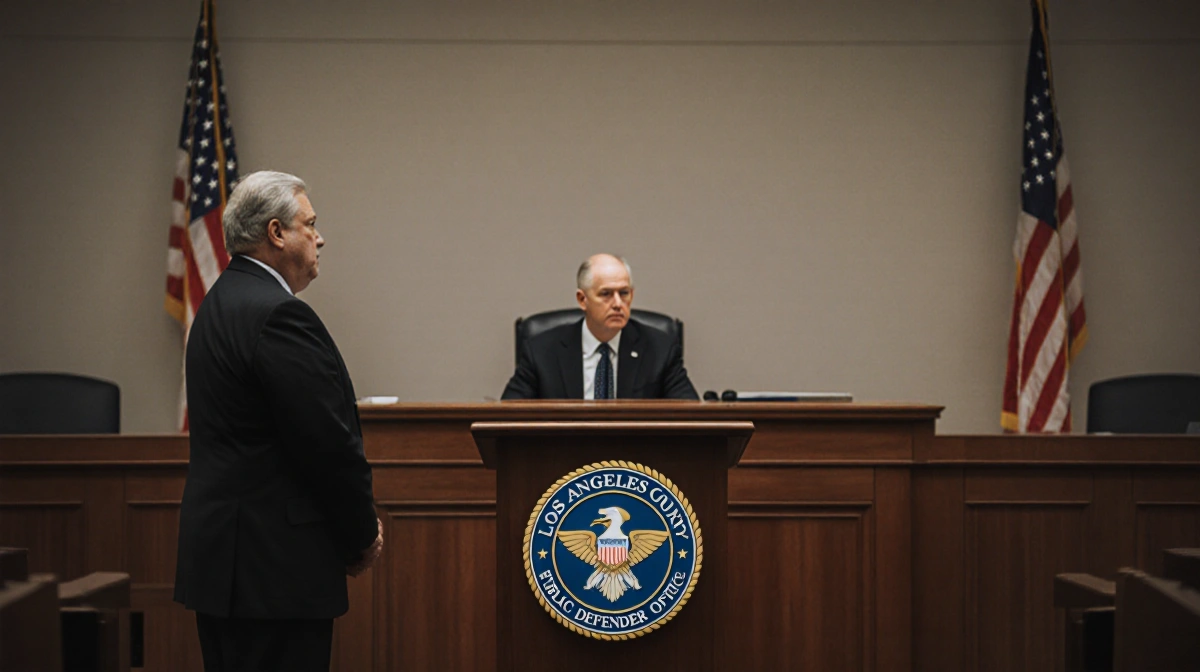 Public defender stands at empty courtroom bench with LA County logo showing new legal representation