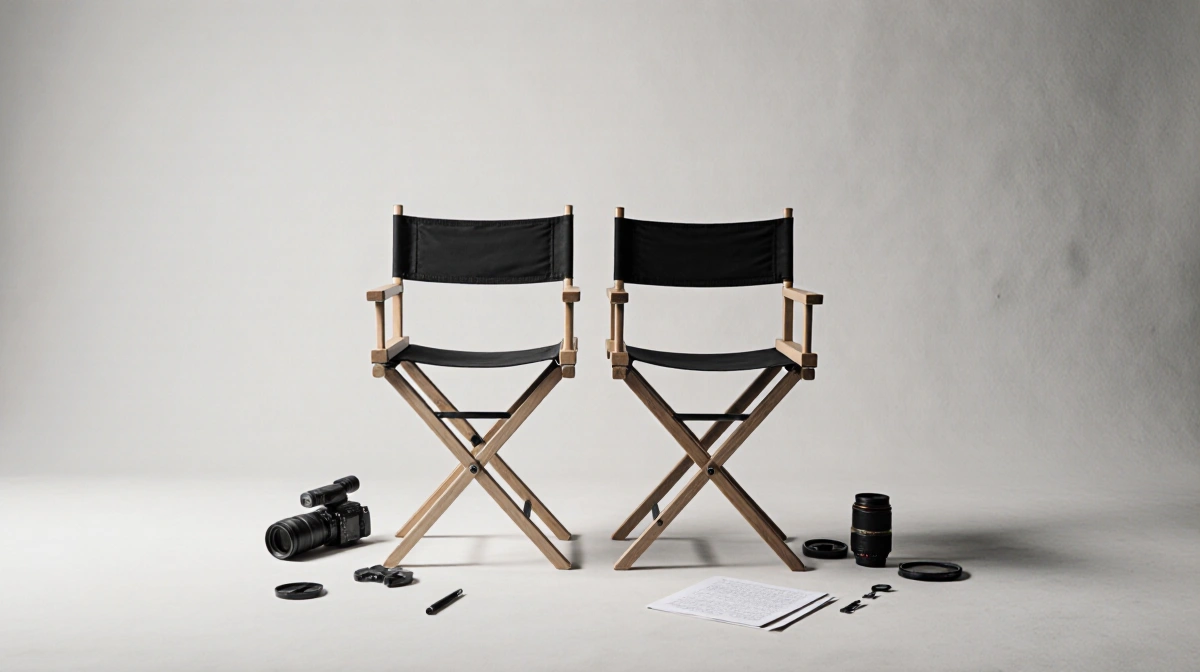 Two empty director's chairs face each other with script pages and camera lens resting nearby