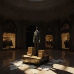 Mannequin wearing designer clothes stands on platform with scattered boxes and golden light across empty department store