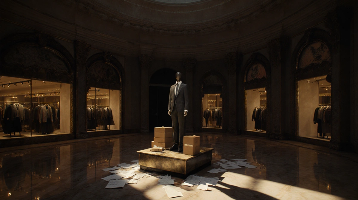 Mannequin wearing designer clothes stands on platform with scattered boxes and golden light across empty department store