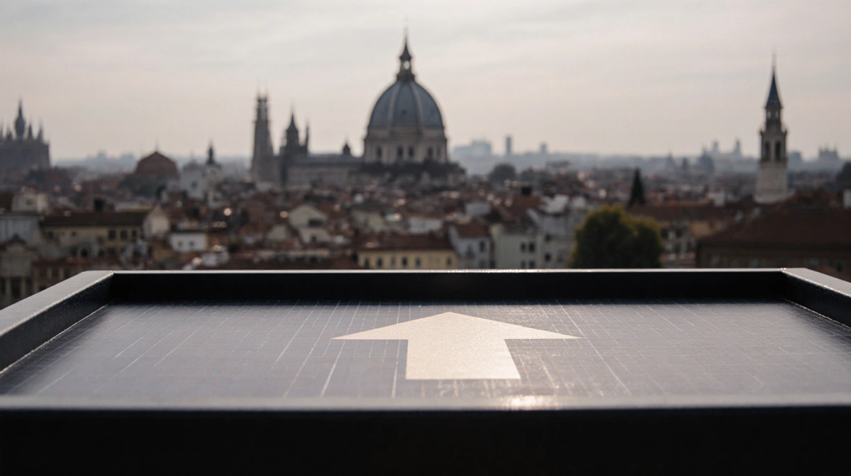 Empty political podium with grid pattern stands with upward arrow and blurred cityscape showing traditional and modern buildi