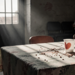 Chair pushed back from lunch table with tablecloth and crumbs under soft natural light as a prison door fades through window
