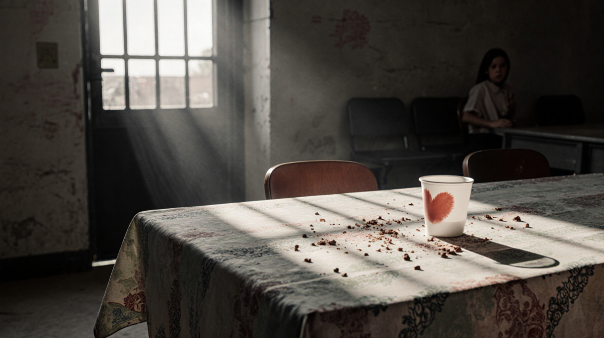 Chair pushed back from lunch table with tablecloth and crumbs under soft natural light as a prison door fades through window