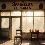 Golden light illuminates empty storefront with faded Sprinkles Cupcakes sign and abandoned cupcakes on floor