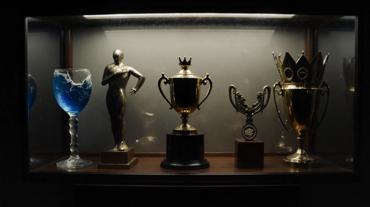 Empty trophy case stands on pedestal with broken awards and shattered glass showing defeat