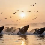 Endangered whales swimming together at sunrise with golden light and distant sailboat