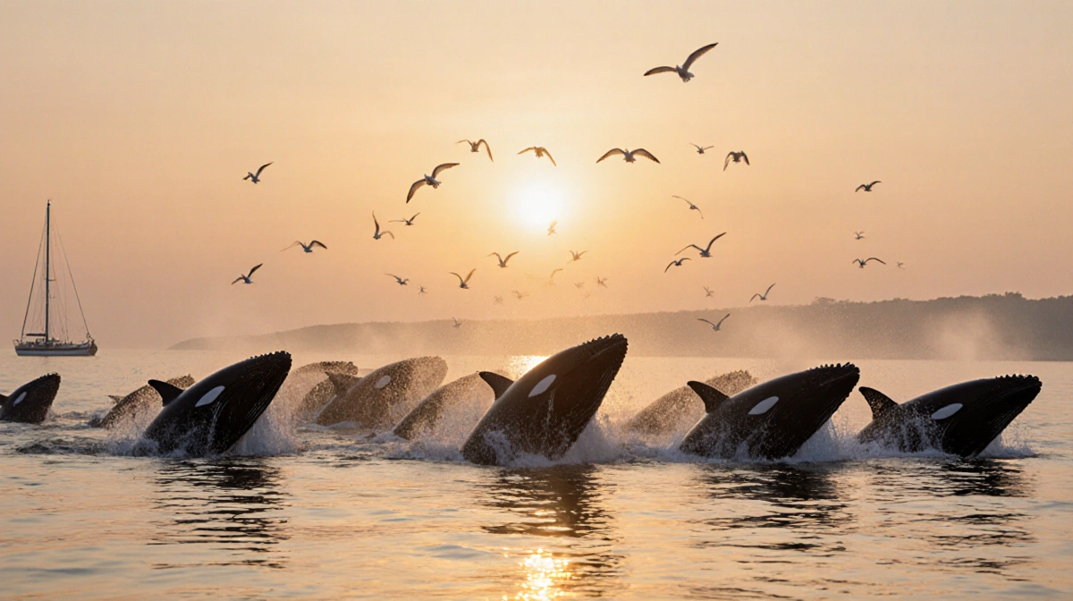 Endangered whales swimming together at sunrise with golden light and distant sailboat