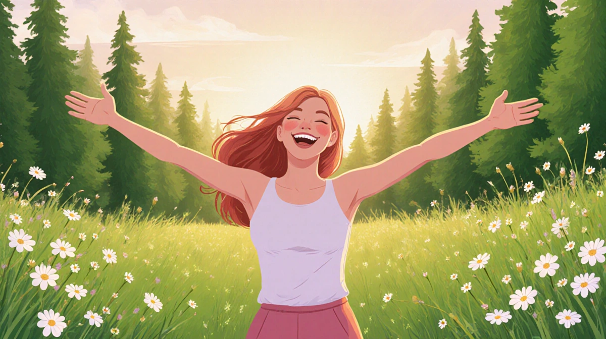 Woman standing with arms outstretched at sunrise in a lush forest with blooming flowers