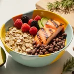 Colorful bowl overflows with energy-boosting foods including oats salmon and berries with wooden cutting board