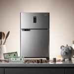 Energy‑efficient fridge standing on kitchen counter with warm lighting and coins scattered nearby