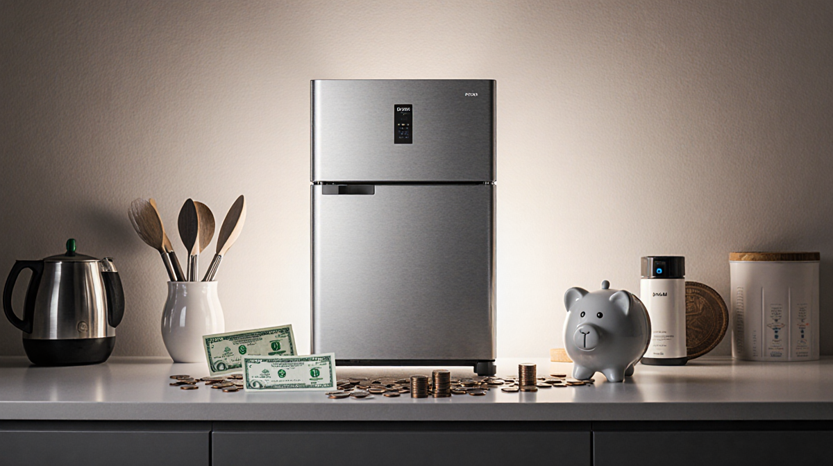 Energy‑efficient fridge standing on kitchen counter with warm lighting and coins scattered nearby