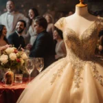 An elegant engagement party dress rests on velvet table with delicate beading visible and golden lighting