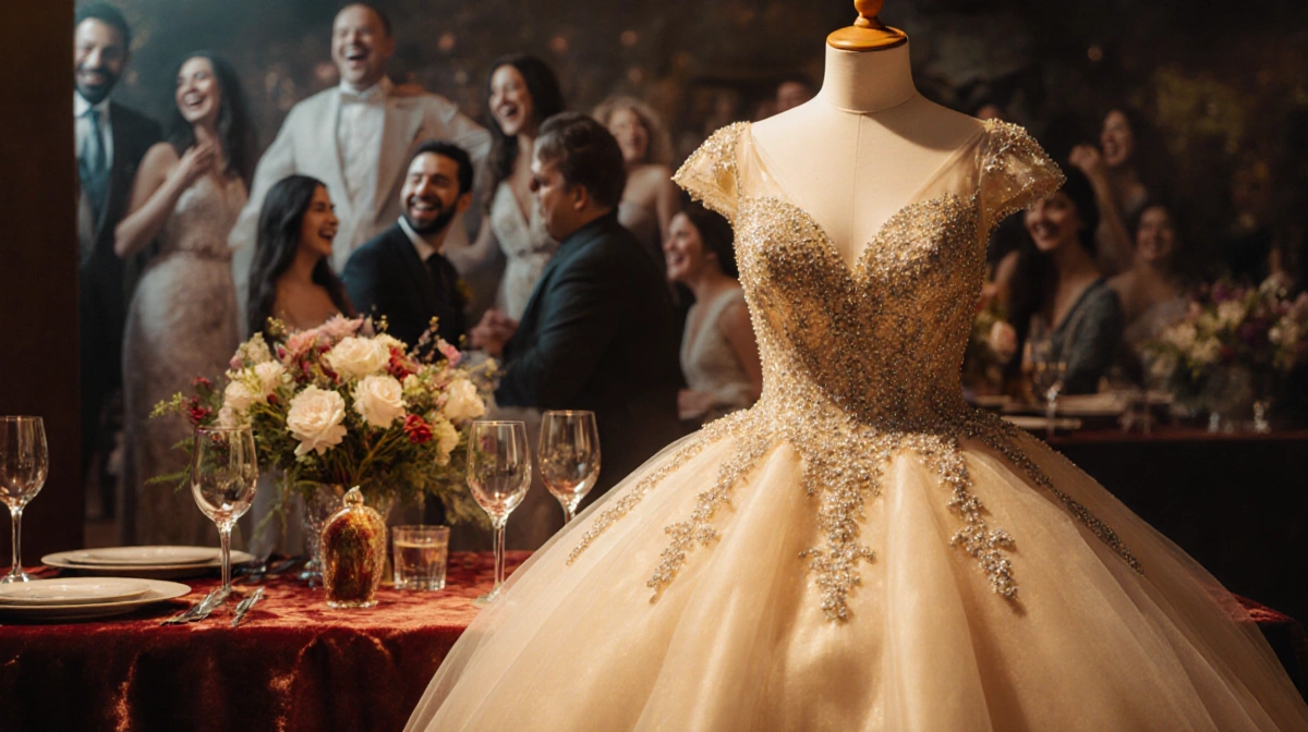 An elegant engagement party dress rests on velvet table with delicate beading visible and golden lighting