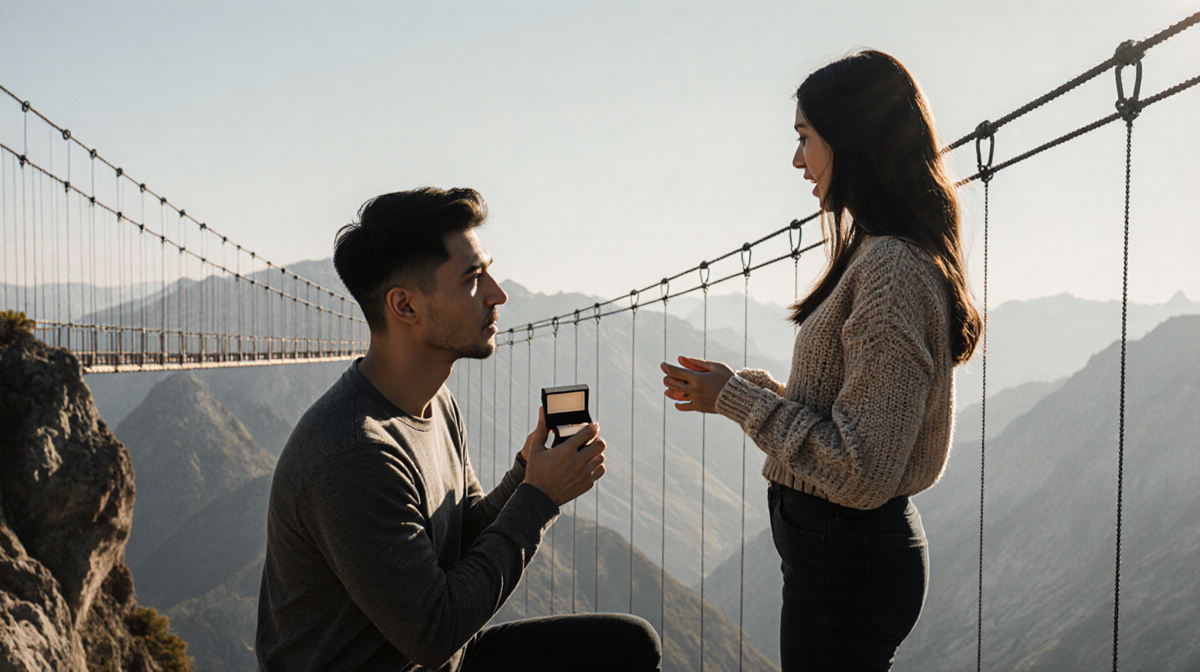 Boyfriend kneels with ring box while girlfriend looks shocked near precipice with rope bridge and mountain backdrop