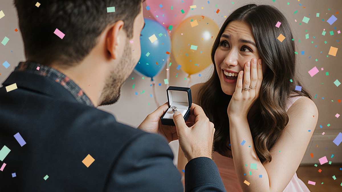 Reed kneeling, holding a ring with Halley smiling during engagement and confetti in background