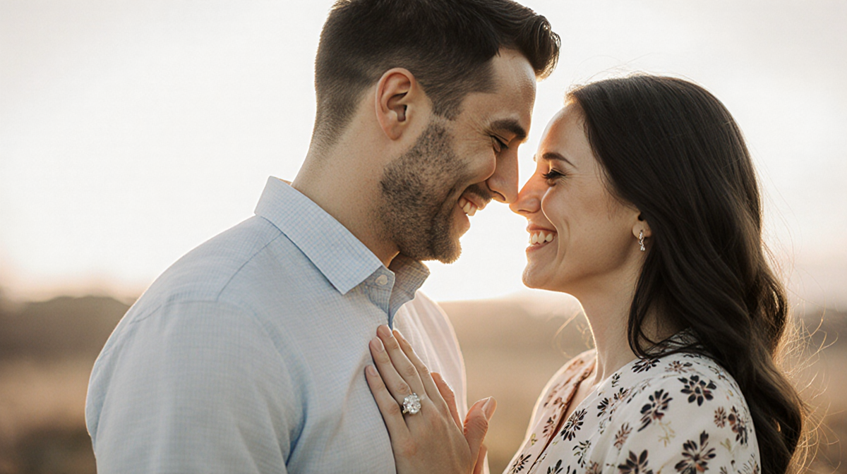 Nathan Nel kneeling with an engagement ring while Sydney Gordon holds his chest and looks at him with tears