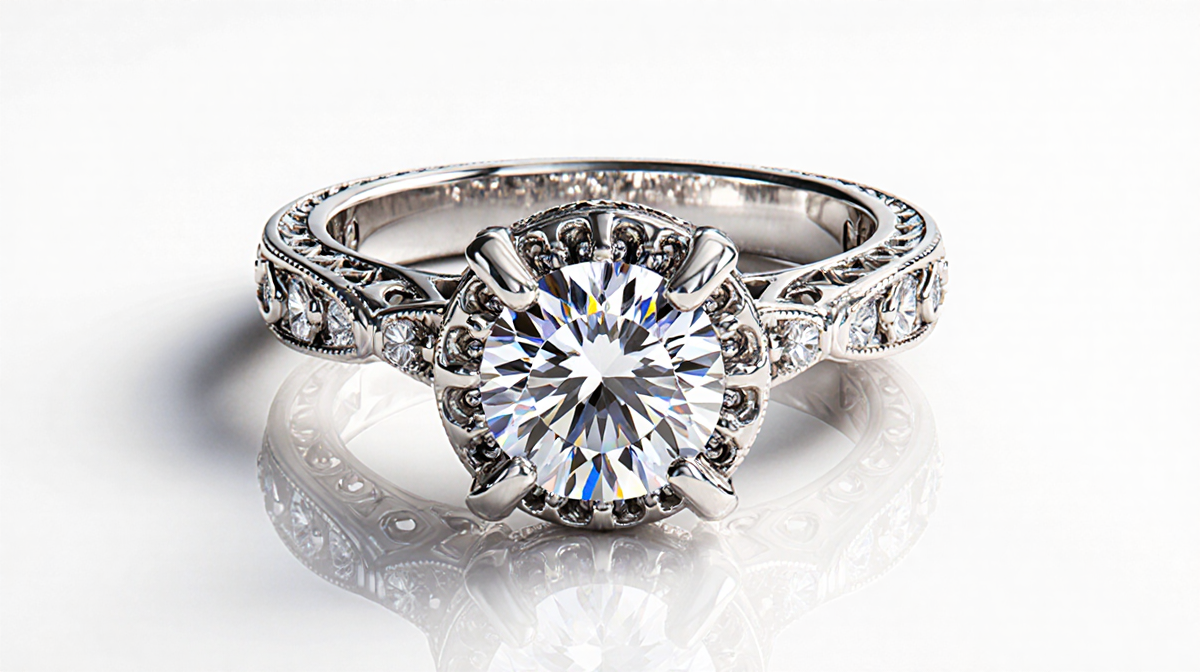 Engagement ring shines with an 8.43-carat diamond center and delicate filigree against a white background