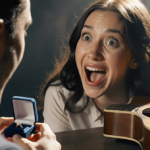 Young woman shocked during American Idol proposal with boyfriend kneeling and ring box near abandoned guitar