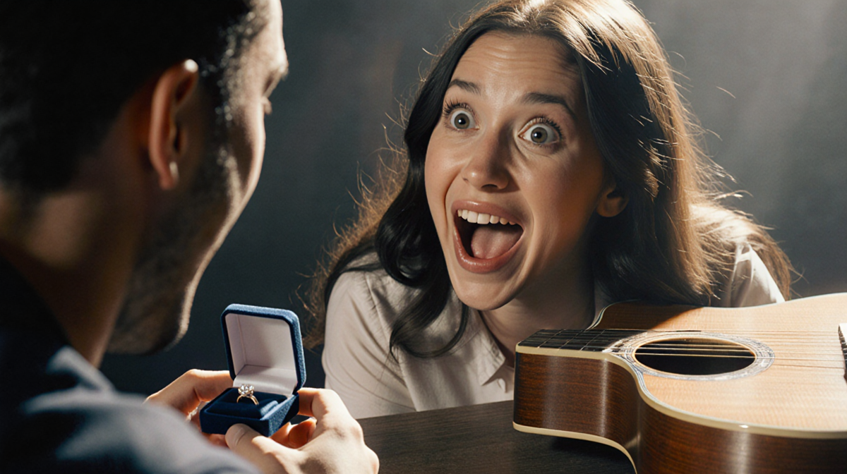 Young woman shocked during American Idol proposal with boyfriend kneeling and ring box near abandoned guitar
