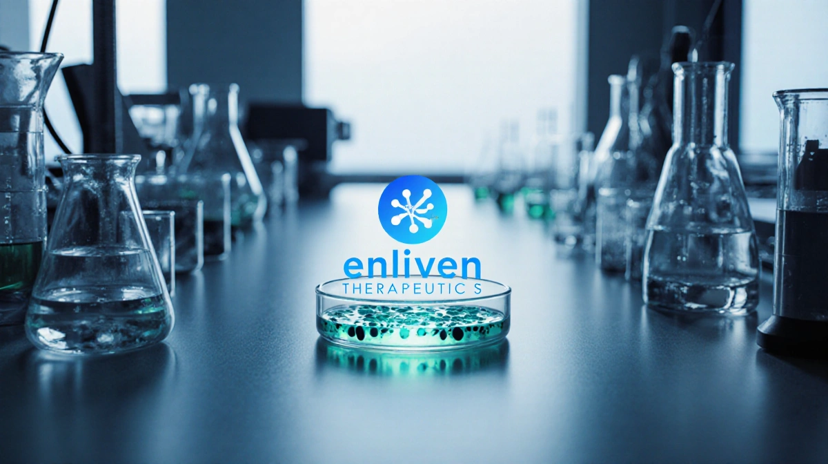Enliven Therapeutics logo stands on modern lab bench with glowing petri dish and biotech equipment nearby