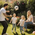 Enrique Iglesias playing football with kids while Anna Kournikova watches with smiles in sunny backyard
