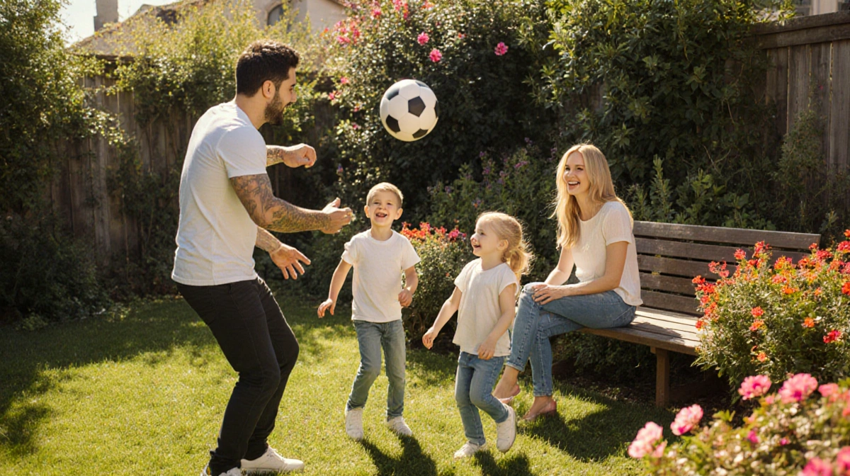 Enrique Iglesias playing football with kids while Anna Kournikova watches with smiles in sunny backyard