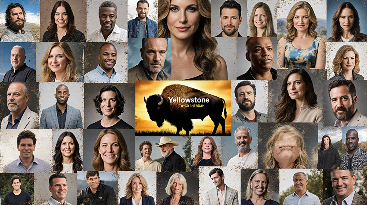 Taylor Sheridan and Yellowstone cast members blend into abstract collage with buffalo silhouette and show logo