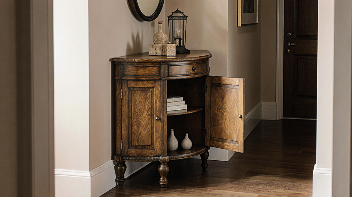 Entryway table opens revealing storage with decorative items and warm lighting.