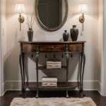 Entryway table holds wood top with ornate metal legs and tiered storage warm sconces lighting vases and mirror