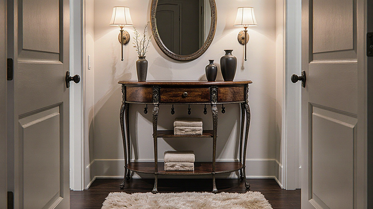 Entryway table holds wood top with ornate metal legs and tiered storage warm sconces lighting vases and mirror