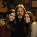 Eric Clapton sitting with his four daughters in cozy room with vintage guitars and soft golden light