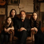 Eric Clapton sitting with his four daughters in candlelit room with guitars and vintage memorabilia