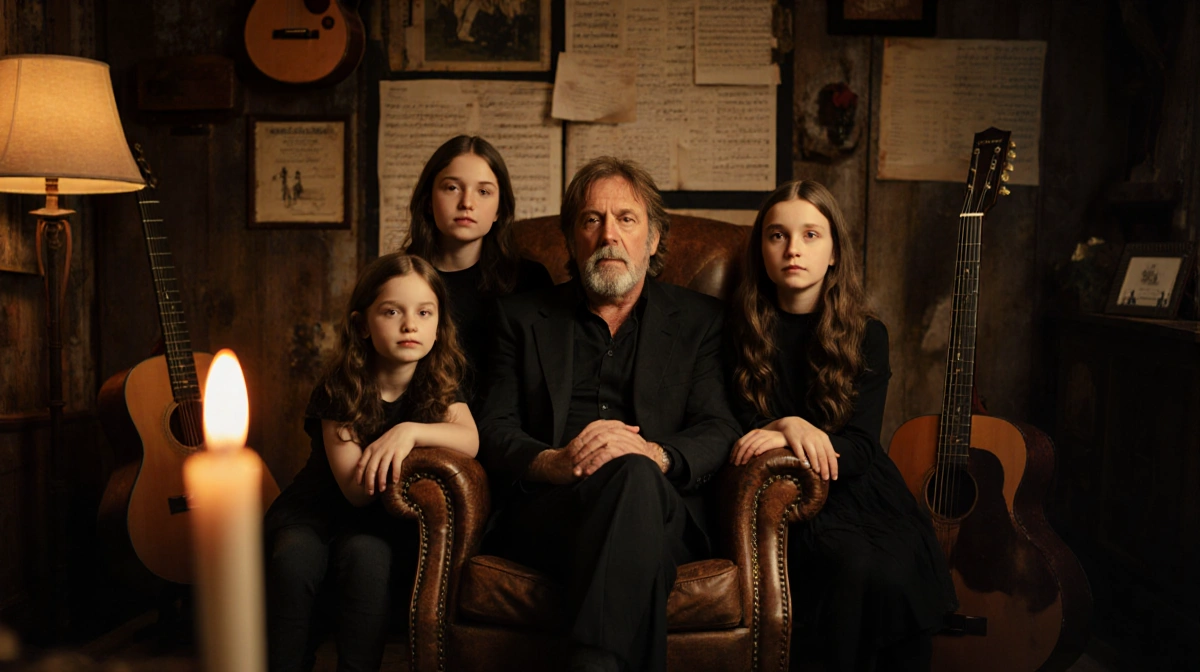 Eric Clapton sitting with his four daughters in candlelit room with guitars and vintage memorabilia