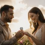 Eric Decker kneeling and cradling a vintage 4.20-carat Old Mine ring with Hope LaVine gazing up in tears against Kauai sunris