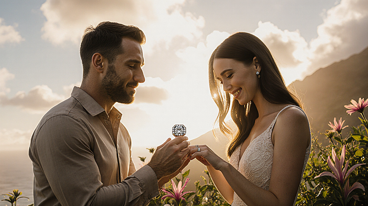 Eric Decker kneeling and cradling a vintage 4.20-carat Old Mine ring with Hope LaVine gazing up in tears against Kauai sunris