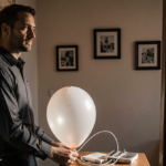 Doctor Eric Hollaway leaning against doorframe with deflated medical balloon on table and holding balloon light highlighting