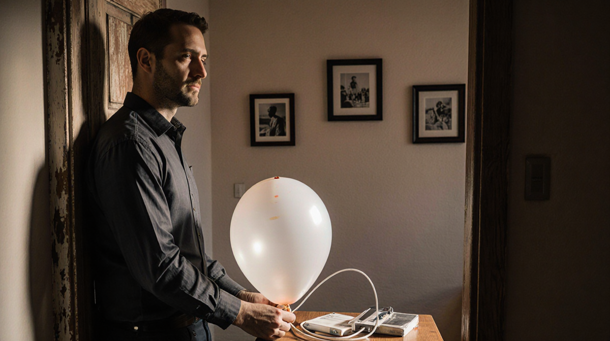 Doctor Eric Hollaway leaning against doorframe with deflated medical balloon on table and holding balloon light highlighting