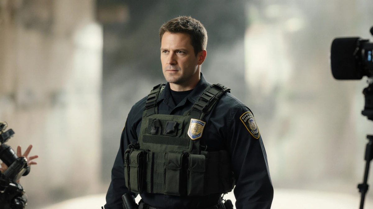 Eric Winter stands in tactical uniform with badge and filming equipment blurred behind him